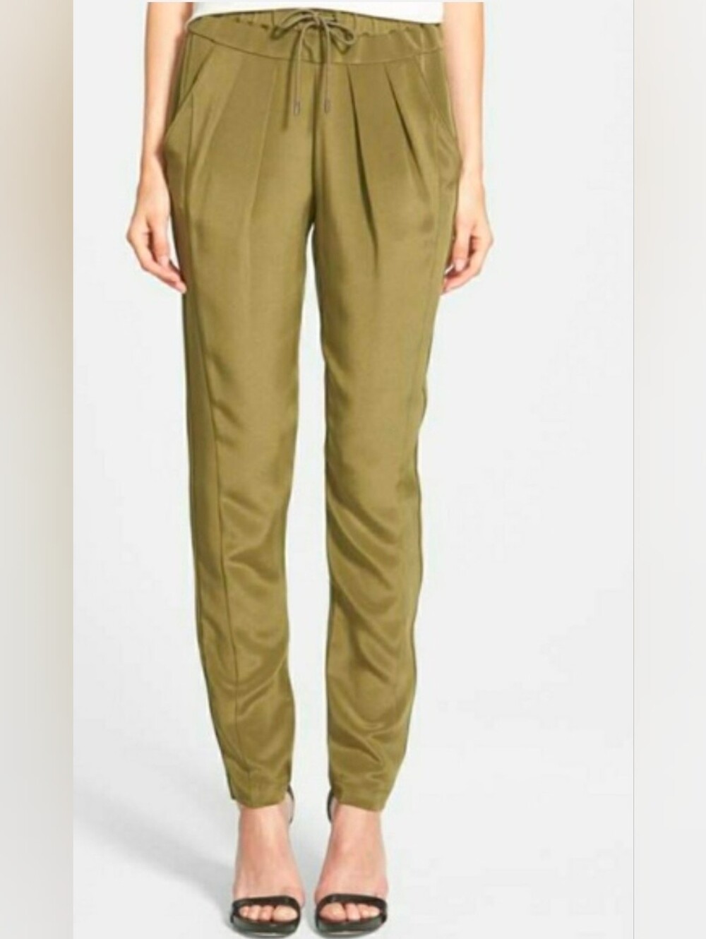 Rebecca Minkoff Olive Green 100% Silk Drawstring Tapered Pants NWT XS